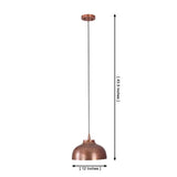 Dimension drawing of the Marlow hammered copper dome pendant light measuring 12 inches wide with an adjustable overall hanging height of 43.5 inches.