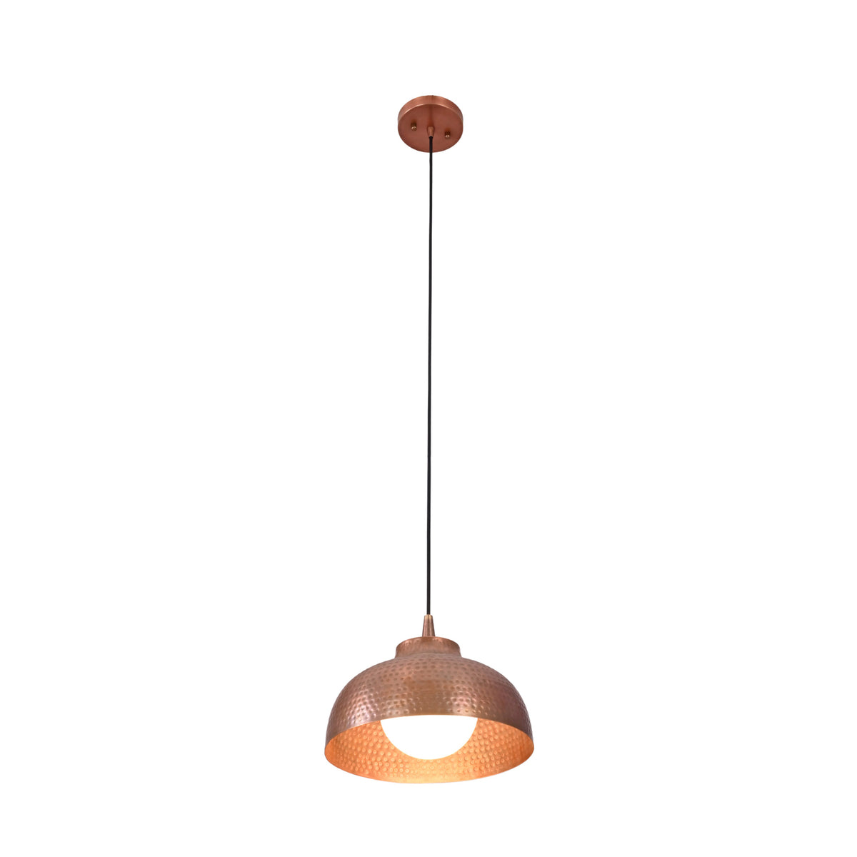 Front view of the Marlow hammered copper dome pendant light with warm ambient illumination highlighting its textured handcrafted copper finish.