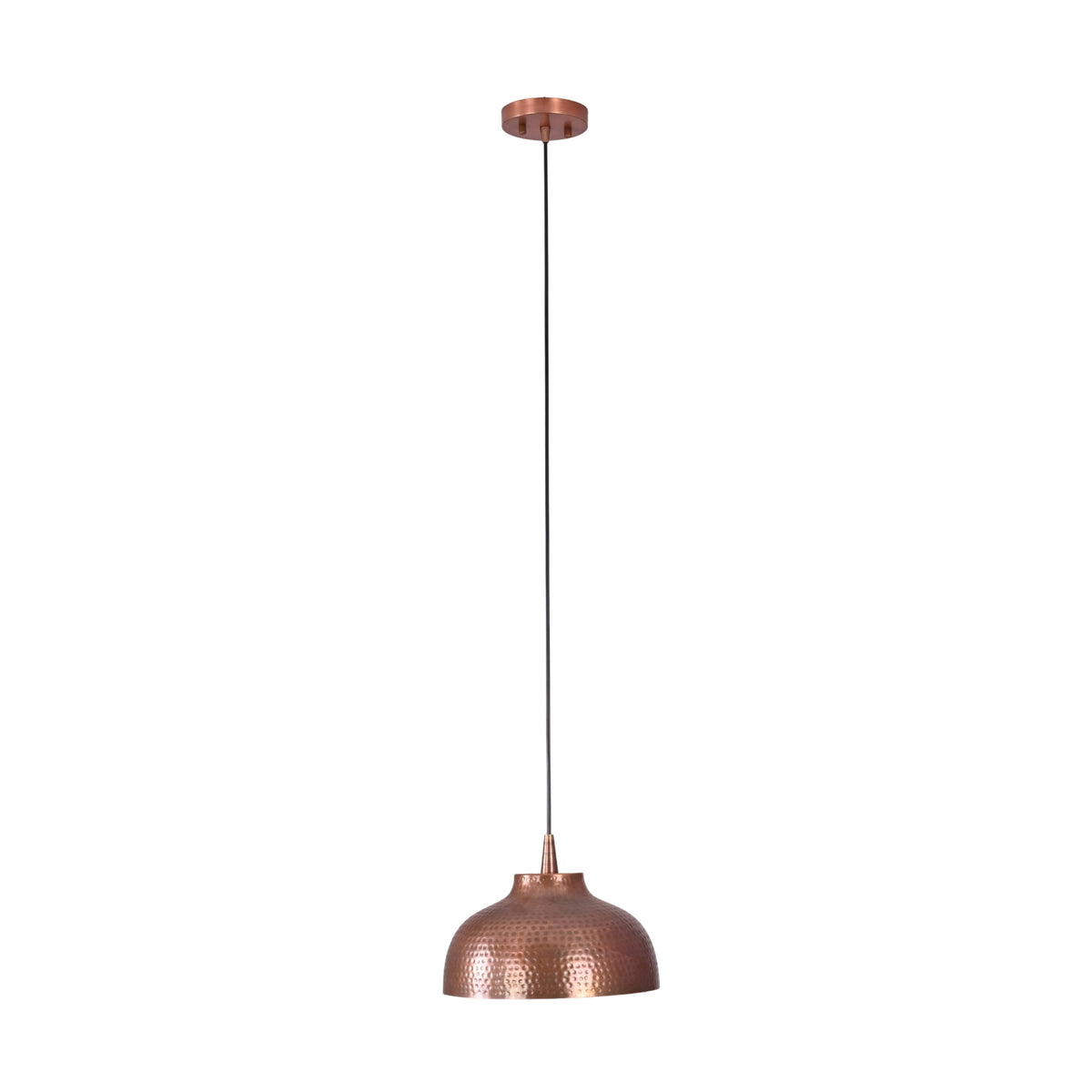 Rear view of the Marlow hammered copper dome pendant light displaying the handcrafted hammered metal exterior and minimalist suspended design.