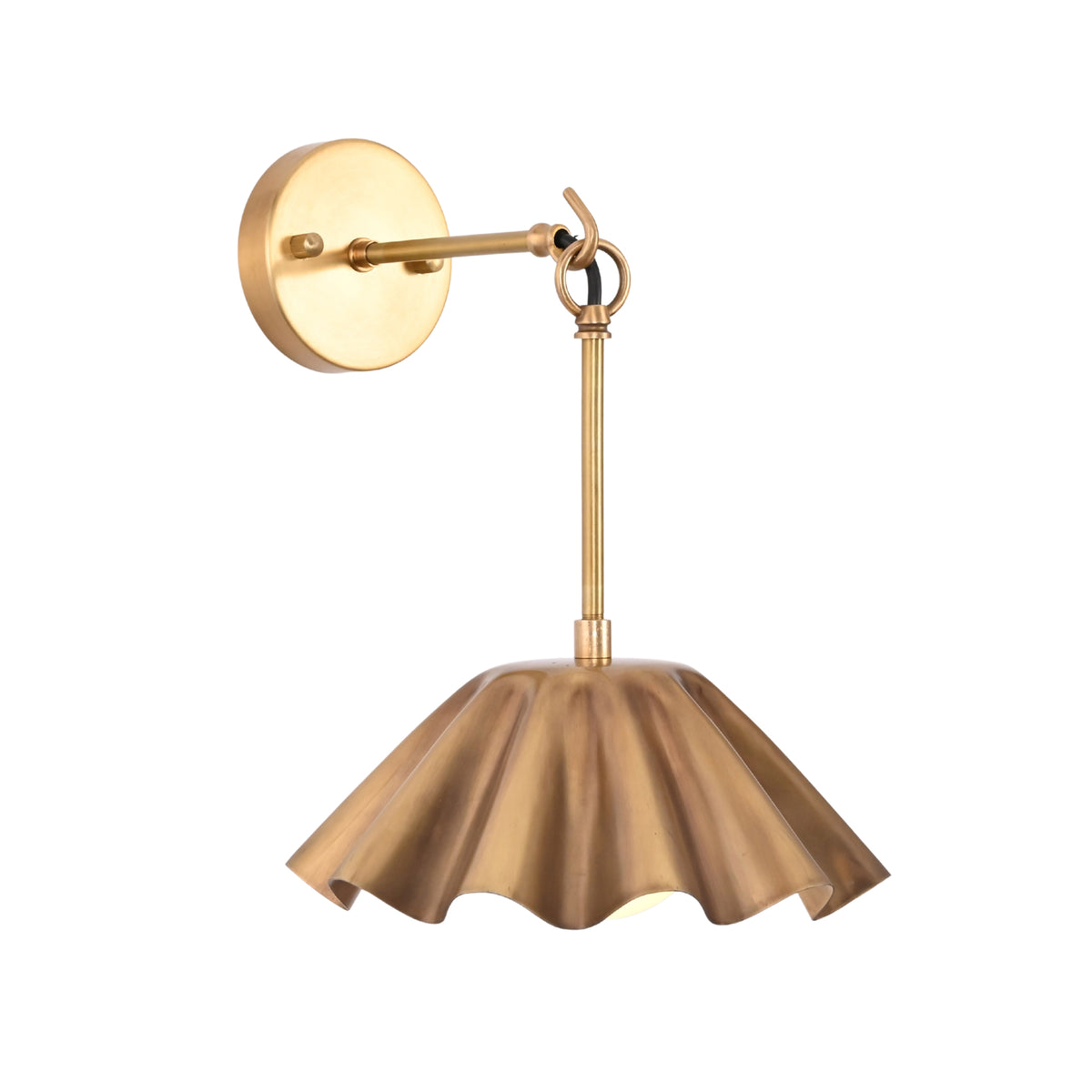 Angled view of the Marlow Modern Pleated Flower Wall Sconce featuring a handcrafted pleated flower-inspired metal shade with a frosted opal glass globe and decorative hanging ring.