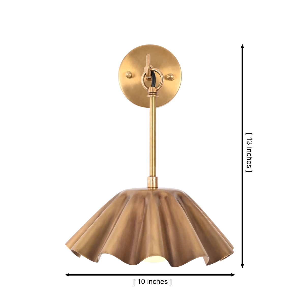 Dimension diagram of the Marlow Modern Pleated Flower Wall Sconce measuring 13 inches in height and 10 inches in width with a sculptural pleated flower metal shade.