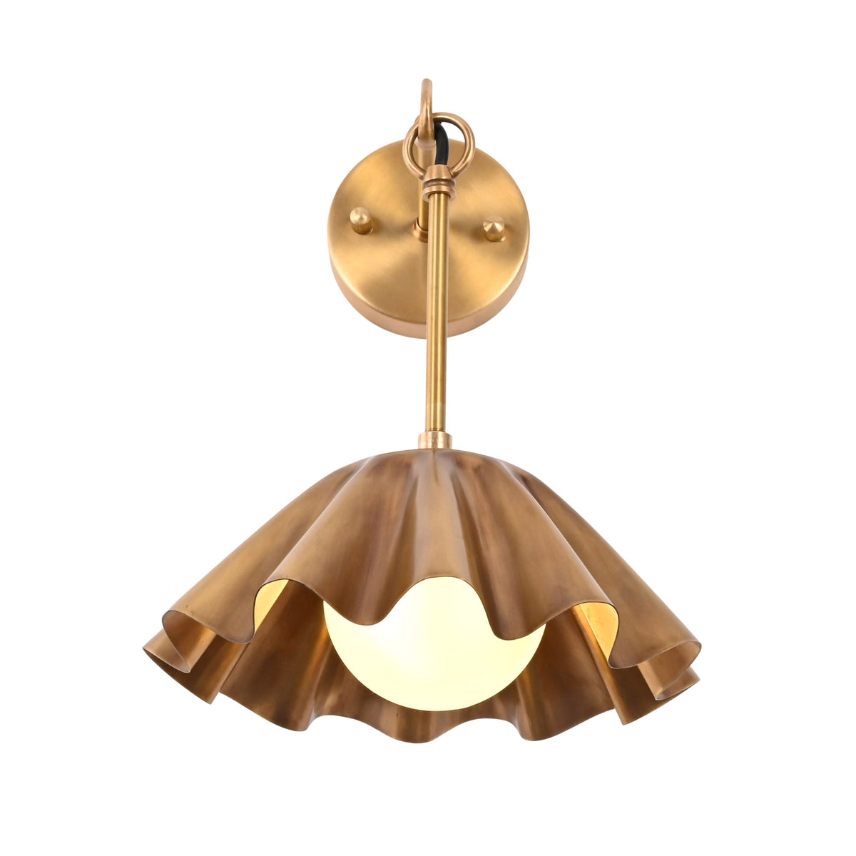 Front view of the Marlow Modern Pleated Flower Wall Sconce featuring a handcrafted pleated flower-inspired metal shade with a frosted opal glass globe suspended beneath a decorative hanging ring.
