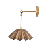 Side profile view of the Marlow Modern Pleated Flower Wall Sconce showcasing the sculptural pleated metal shade, decorative hanging ring, and straight wall-mounted arm.