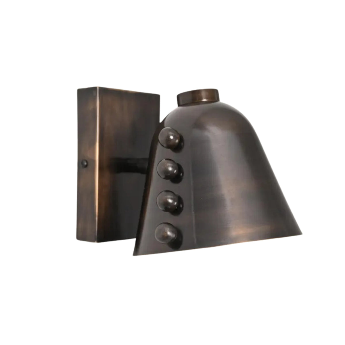 Angled left view of the Marlow Riveted Dome Wall Sconce showcasing the sculptural riveted dome shade and handcrafted metal backplate.