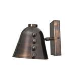 Rear angled view of the Marlow Riveted Dome Wall Sconce showing the handcrafted rectangular wall plate and solid metal construction.