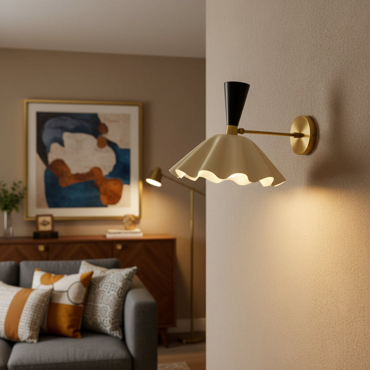 Marlow scalloped brass dome wall sconce with black top accent and round wall canopy front view – Model 32826