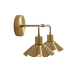 Angled view of Marlow 2 light wall sconce showing sculpted scalloped shades, brass frame and round mounting plate.