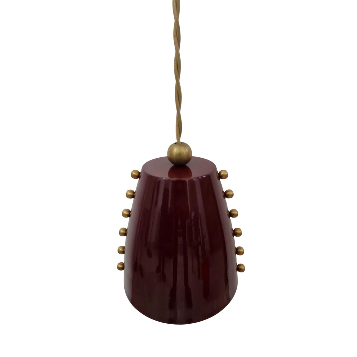 Close-up view of the Marlow studded cone pendant light showcasing the handcrafted glossy finish, decorative brass studs, and premium metal construction.