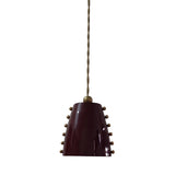 Front view of the Marlow studded cone pendant light featuring a glossy burgundy tapered metal shade with decorative brass stud accents and a twisted suspension cord.