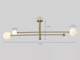 Dimension diagram of the Marrakech 3-light linear globe chandelier showing 55-inch width, 16-inch height, 5-inch ceiling canopy, and 4-inch and 6-inch glass globe sizes.