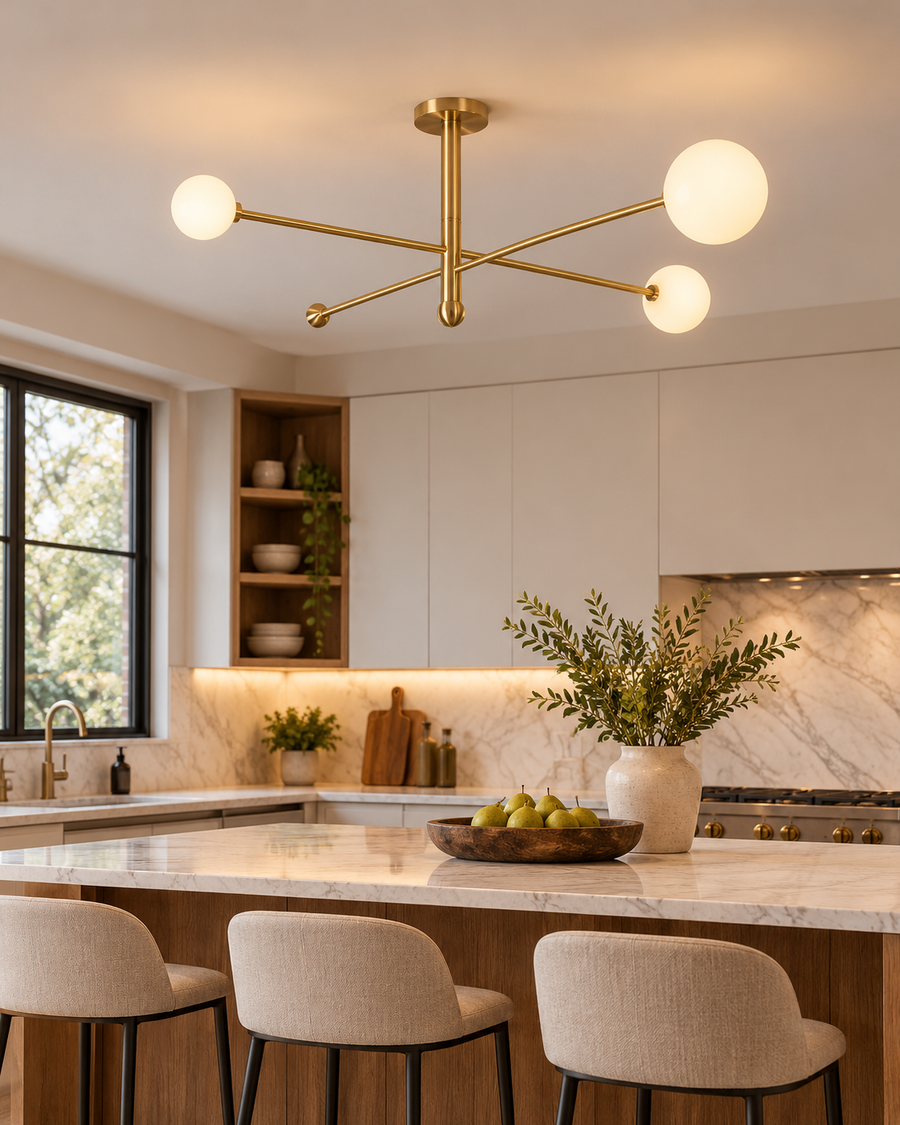 Marrakech brass linear globe chandelier suspended above a marble kitchen island with upholstered counter stools, white cabinetry, walnut accents, and natural daylight in a modern kitchen.