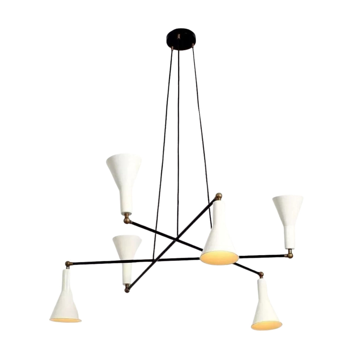 Angled view of Marseille 6 light chandelier featuring asymmetric black arms and white sculptural metal shades.