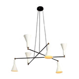 Angled view of Marseille 6 light chandelier featuring asymmetric black arms and white sculptural metal shades.