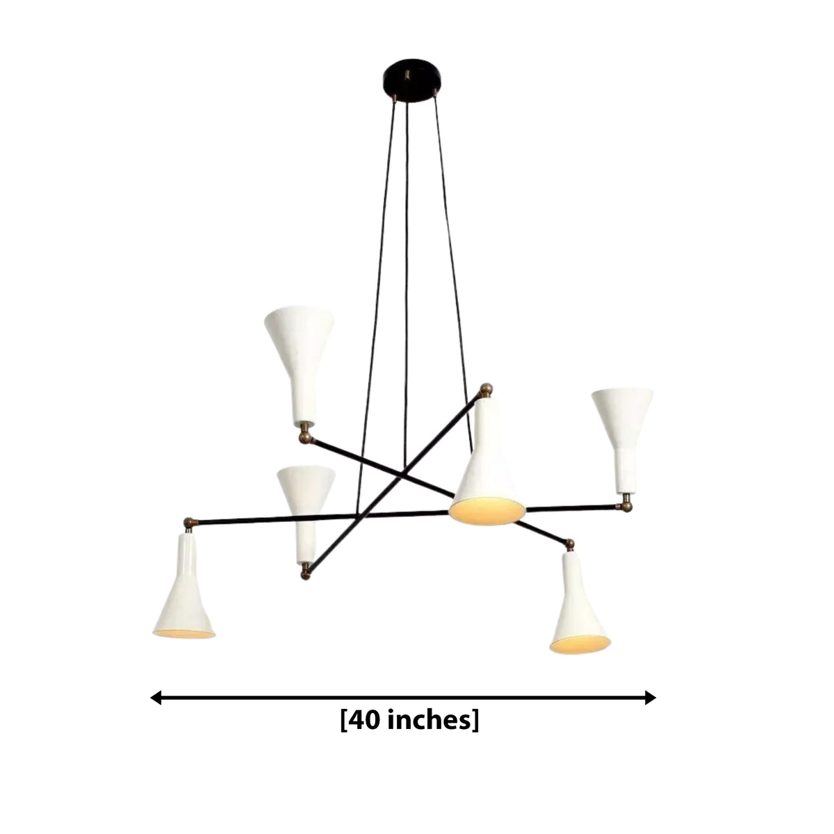 Marseille 6 light black and white chandelier dimension view showing a 40 inch wide sculptural fixture.