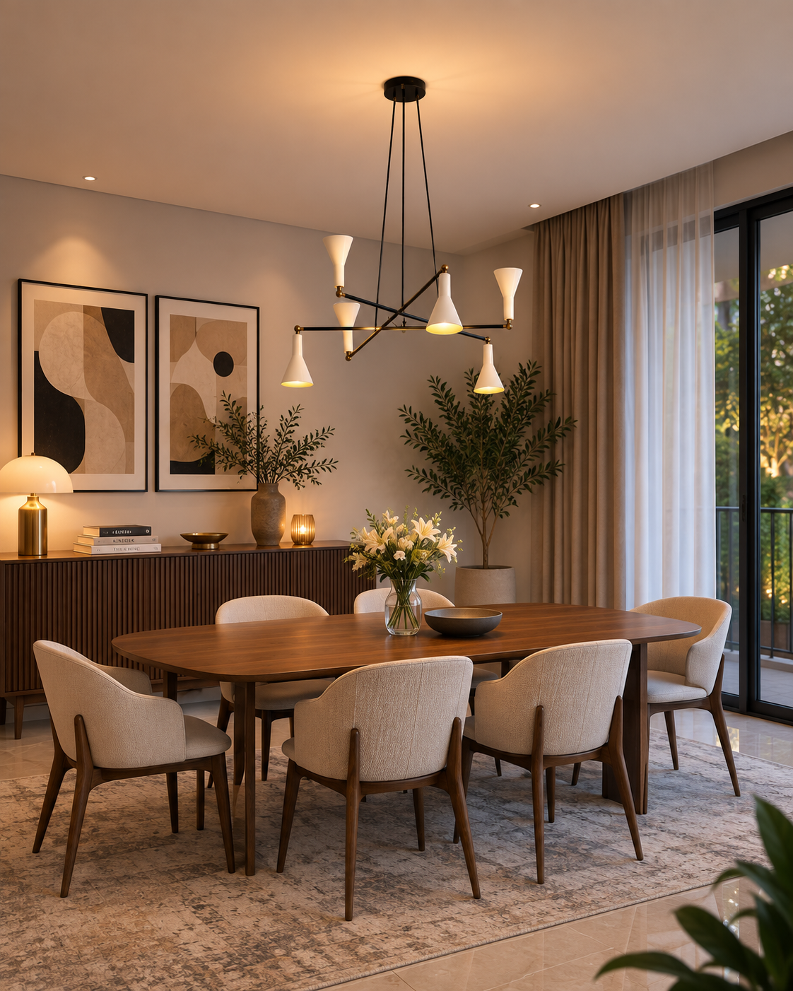 Marseille 6 light Mid-Century Modern chandelier illuminating an elegant dining room with warm ambient lighting.