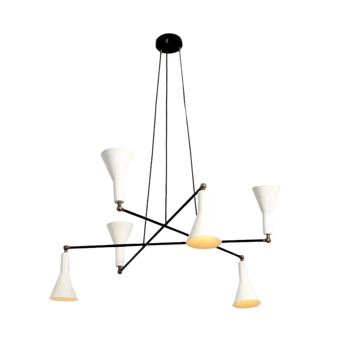 Marseille 6 light chandelier with sculptural white tapered shades, intersecting black arms and brass-tone accents.
