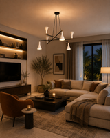 Marseille 6 light sculptural chandelier displayed in a warm contemporary living room with white shades and black arms.