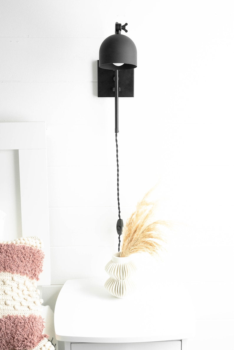 Modern matte black wall sconce with dome shade and vertical stem, adjustable bedside wall light with plug-in twisted cord