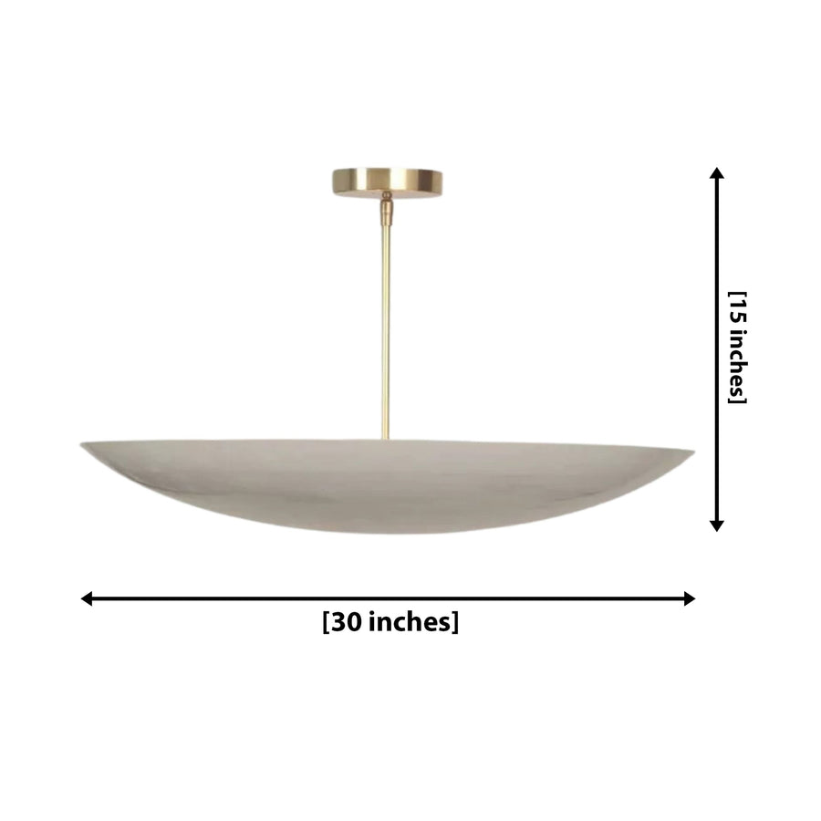 Mayfair 5 light sculptural bowl chandelier featuring a wide off-white metal shade with slim brass-tone downrod and canopy.