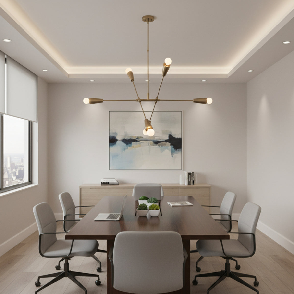 Melbourne 6 light chandelier shown from an alternate front view with exposed globe bulbs and geometric multi-directional arms.