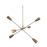 Melbourne 6 light Mid-Century chandelier shown from an angled view highlighting its tapered cone holders and slender brass-tone arms.