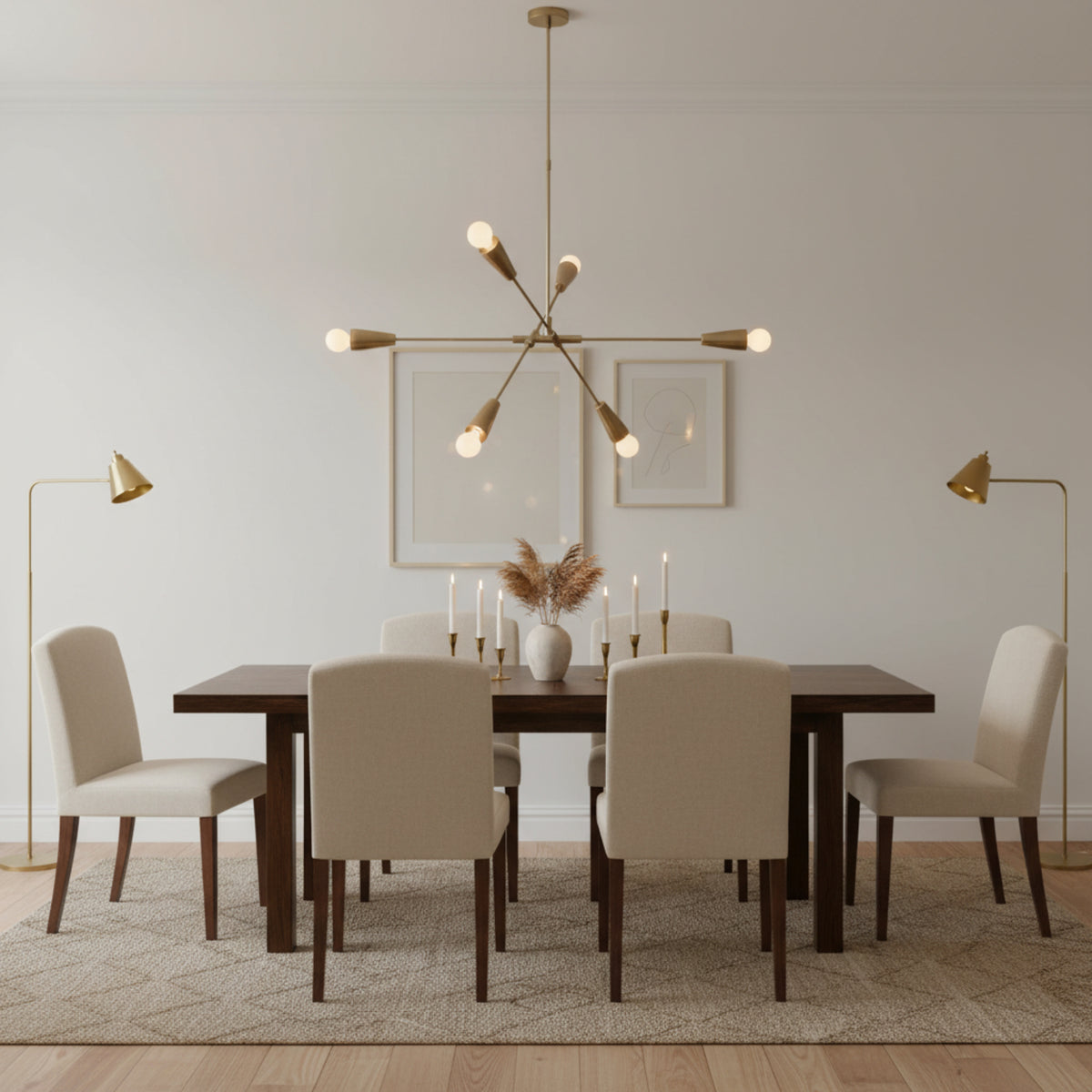 Melbourne 6 light Mid-Century Modern chandelier shown from the front with tapered cone holders, exposed globe bulbs, and sculptural brass-tone arms.