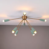 Mid-century 8-light brass ceiling chandelier with mint enamel shades illuminated