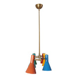 Vertical hanging view of multi-color brass cone chandelier with six enamel-finished cone shades in mid-century modern style.