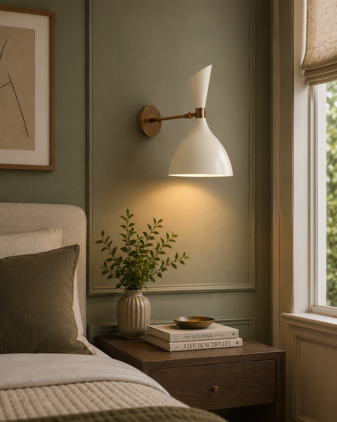 Milan Double Cone Wall Sconce with cream shade and brass finish styled beside a bedroom nightstand – Model 32835