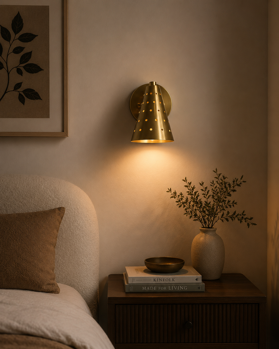 Milan perforated brass cone wall sconce installed beside bed with warm ambient lighting – Model 32771
