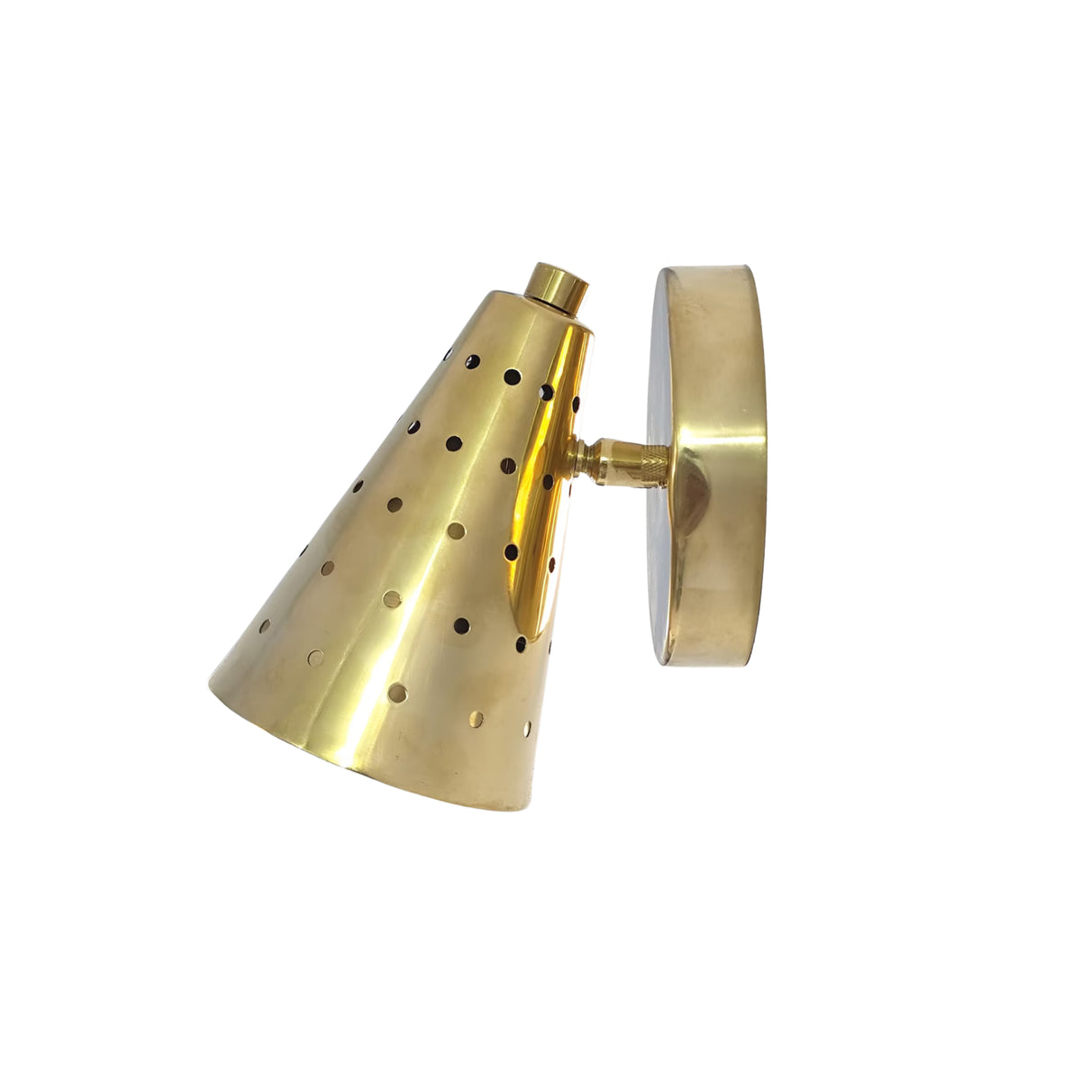 Milan brass wall sconce featuring perforated tapered cone shade and adjustable joint – Model 32771