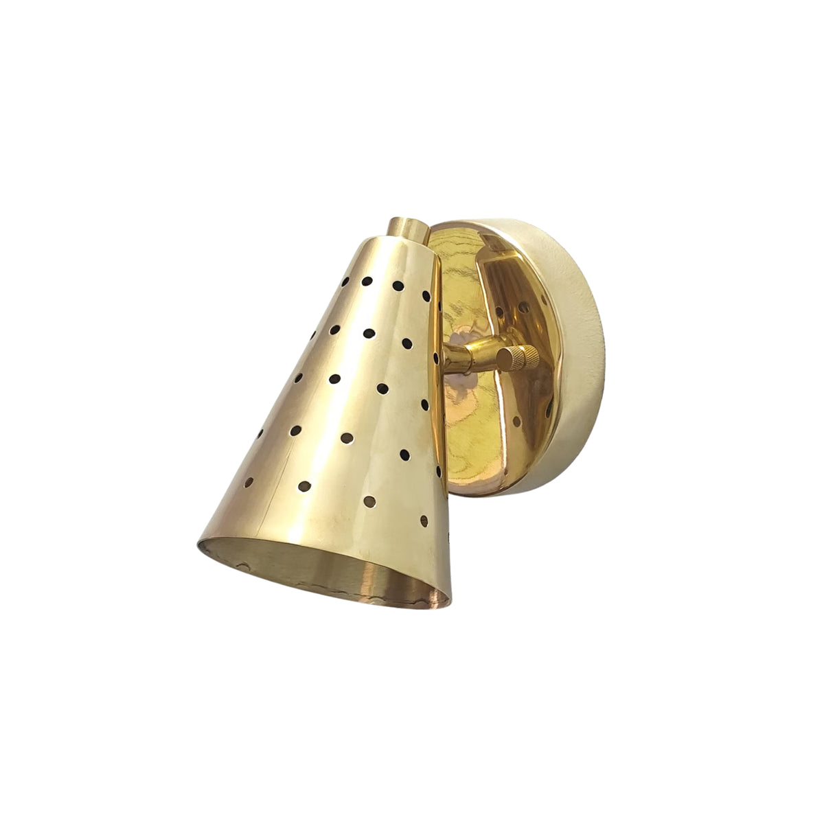 Milan adjustable perforated brass cone wall sconce with round mounting plate – side view – Model 32771