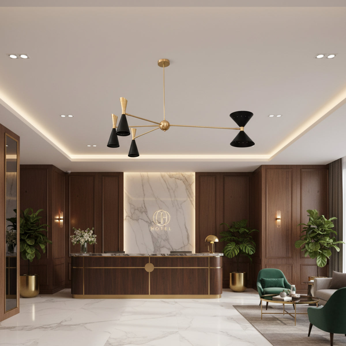 Angled view of Milan 8-light chandelier with black tapered cone shades and warm brass frame.