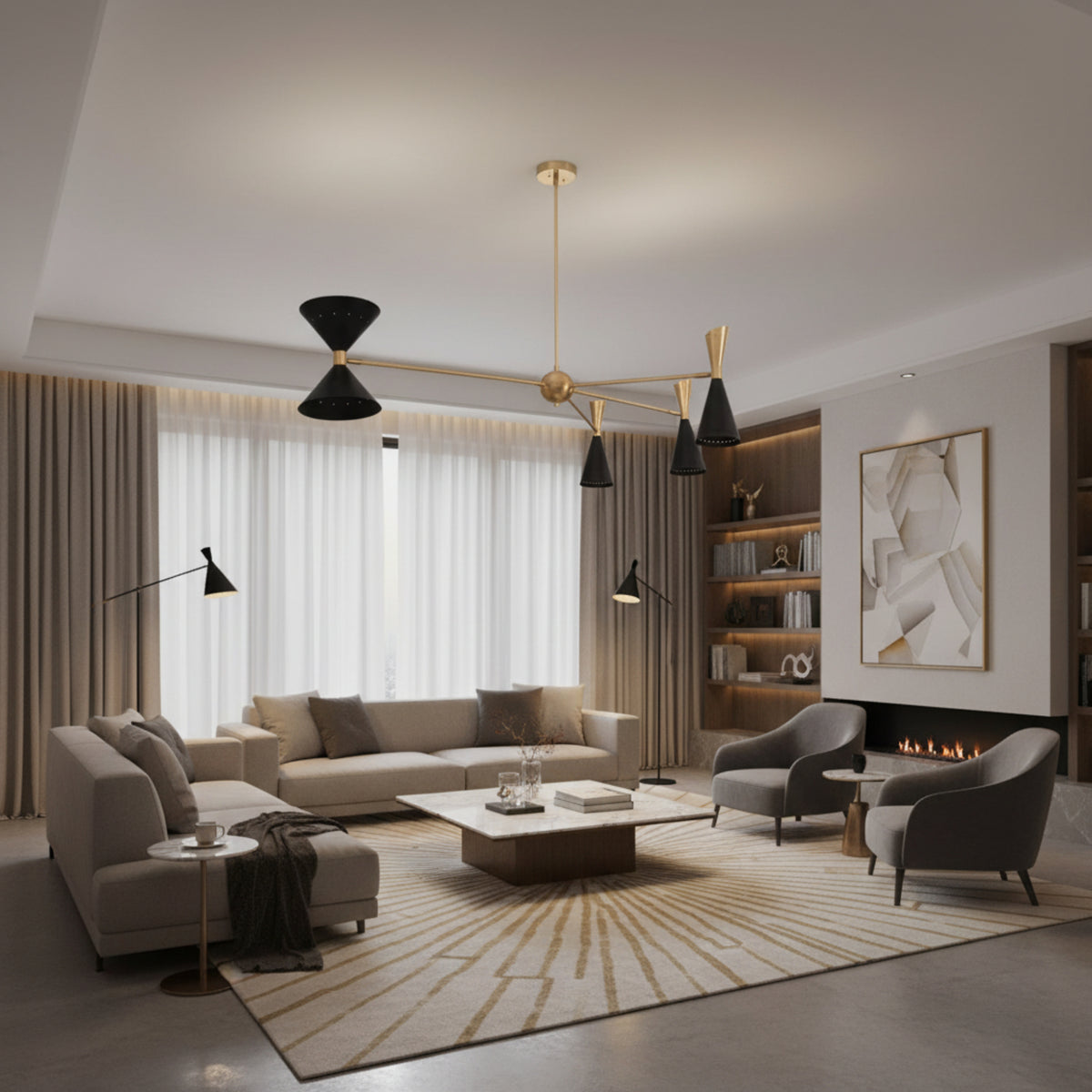 Milan sculptural 8-light chandelier with black cone shades and brass asymmetric arms, front view.
