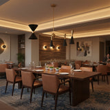 Milan 8-light sculptural ceiling chandelier with black metal shades and contrasting brass details.