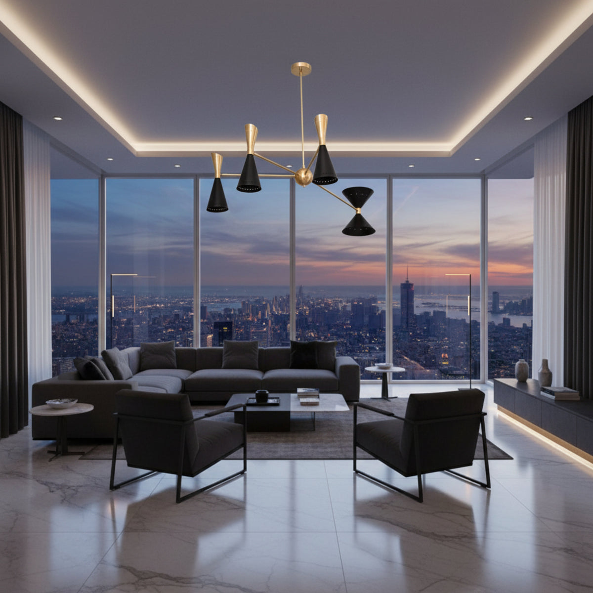 Side angle of Milan sculptural chandelier showing asymmetric brass arms and black cone shades.