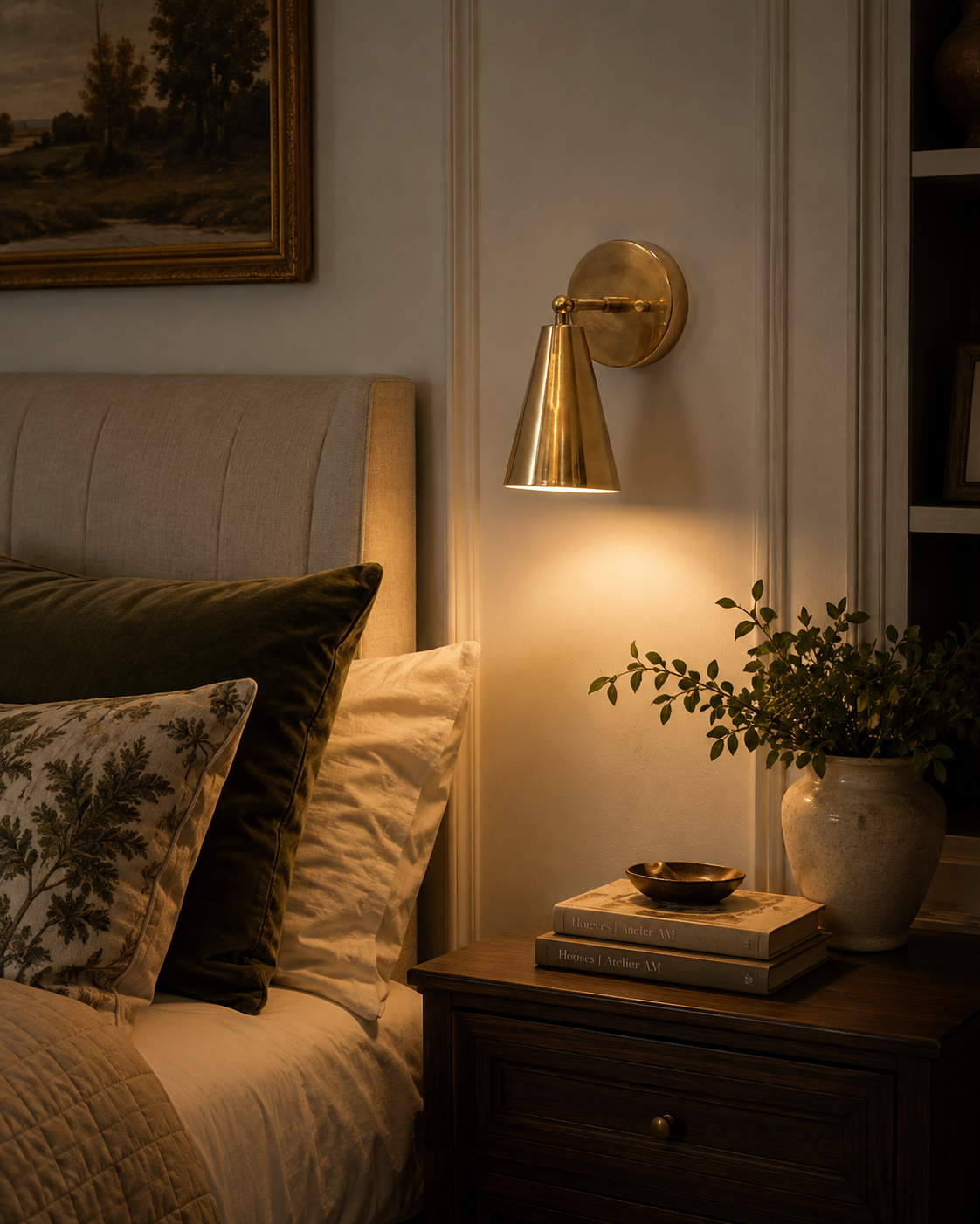 Milan adjustable brass cone wall sconce installed beside a bed in a modern bedroom, providing warm ambient lighting for Scandinavian and contemporary interiors.