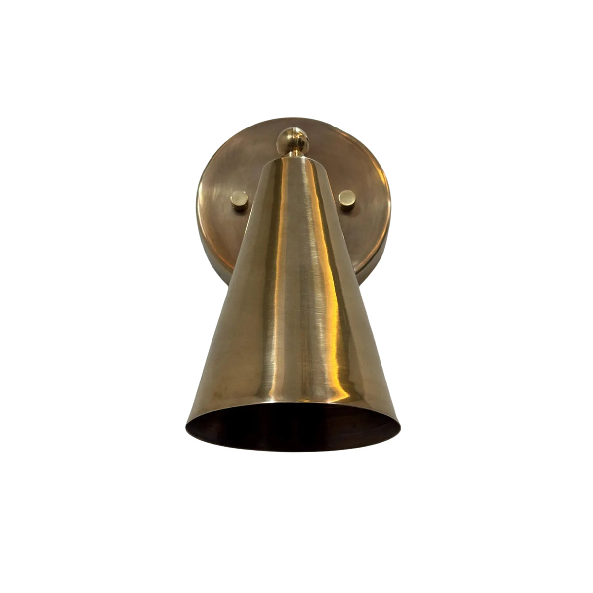 Bottom view of the Milan adjustable brass wall sconce showcasing the handcrafted tapered cone shade and precision metal construction.