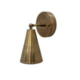 Three-quarter view of the Milan modern adjustable wall sconce in solid brass with a handcrafted tapered cone shade for bedside and hallway lighting.