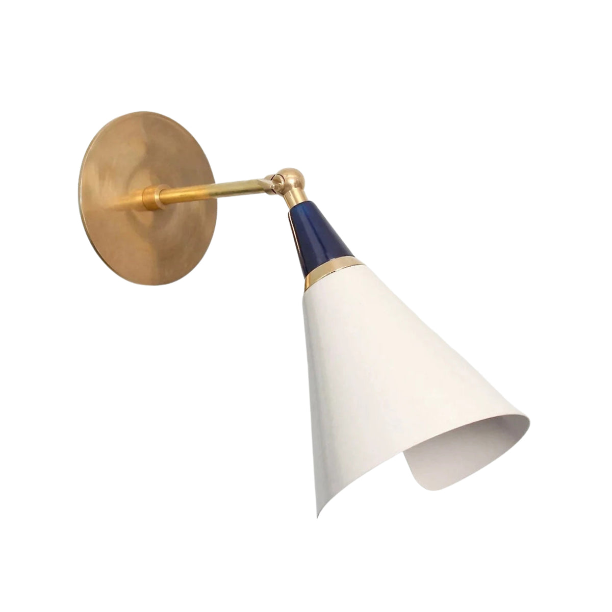 Alternate finish of the Milan Adjustable Cone Wall Sconce featuring a white cone shade with blue accent collar, adjustable brass arm, and minimalist modern design.