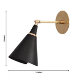 Dimension drawing of the Milan Adjustable Cone Wall Sconce showing 9-inch overall height and 8-inch projection with adjustable brass arm and cone shade.