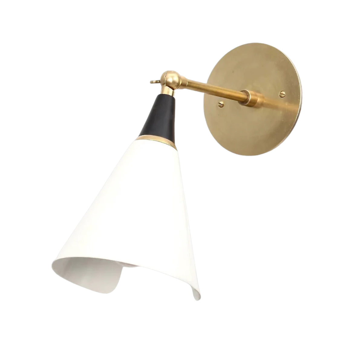 Front angled view of the Milan Adjustable Cone Wall Sconce featuring a handcrafted white cone metal shade, solid brass adjustable arm, and round brass wall backplate.