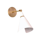 Side perspective of the Milan Adjustable Cone Wall Sconce highlighting the adjustable brass arm, handcrafted white cone shade, and premium solid brass construction.