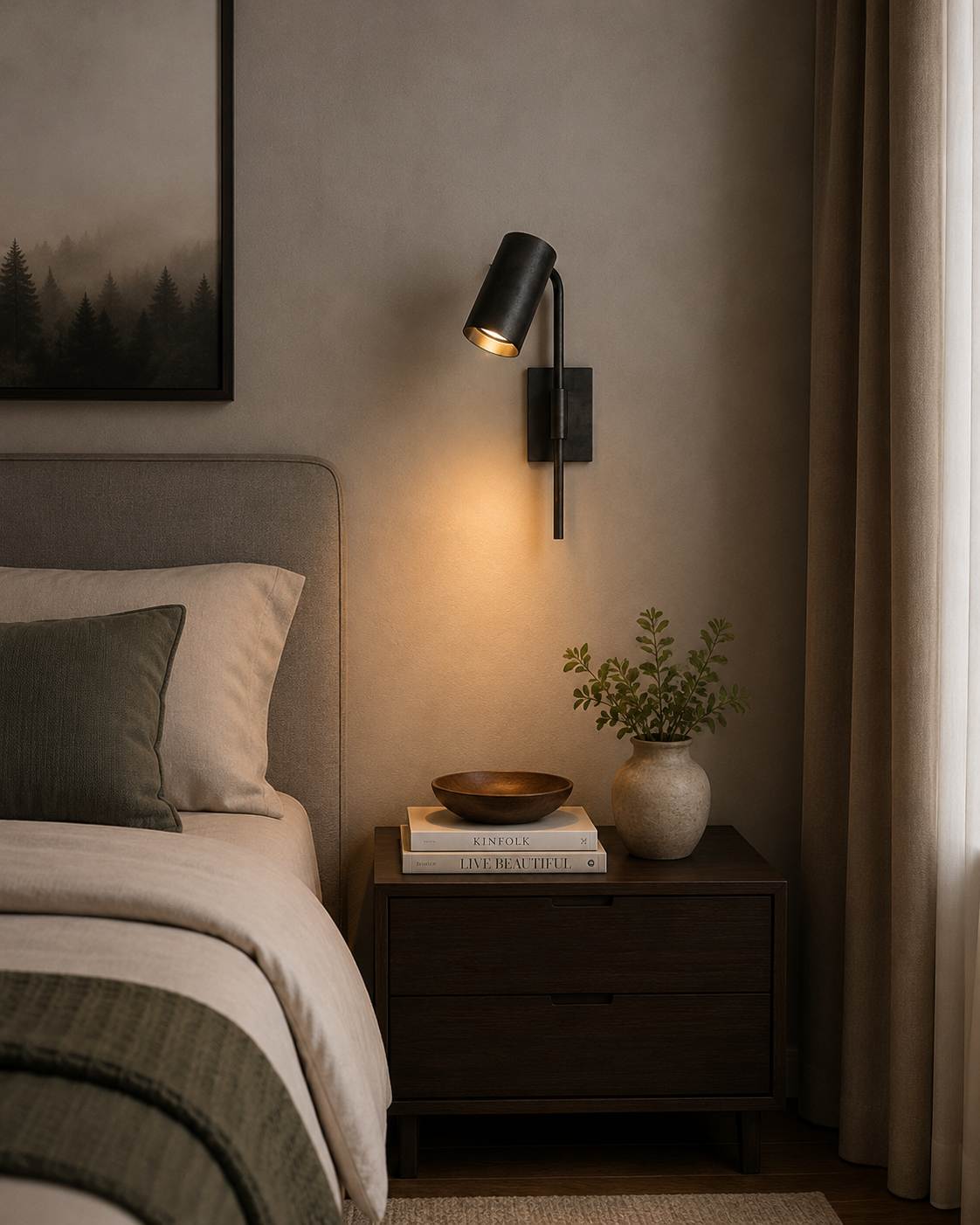 Milan adjustable cylinder wall sconce installed beside bed providing warm focused bedside lighting