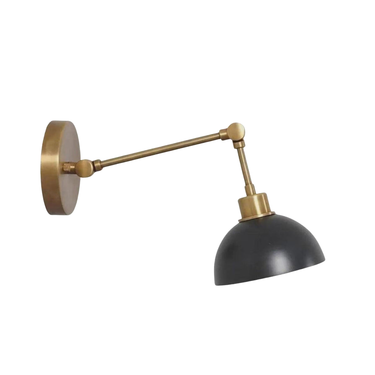 Milan adjustable dome wall sconce with brass articulated arm and dark metal shade, angled view