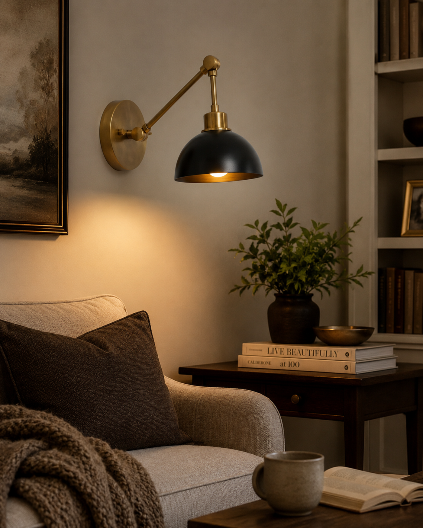 Milan adjustable brass dome wall sconce installed beside an armchair in a warm modern living room