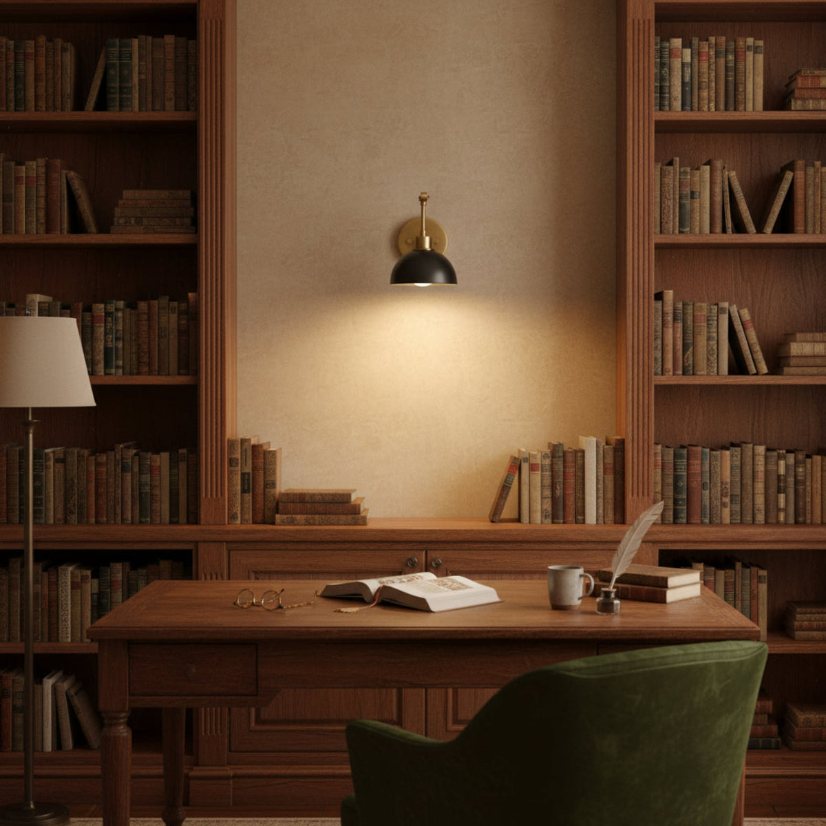 Milan brass adjustable wall sconce with dark dome shade and articulated swing arm, side view