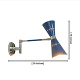 Milan blue double cone adjustable wall sconce dimensions showing 18 inch projection and 10 inch height.