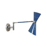 Extended side view of Milan blue double cone wall sconce featuring articulated swing arm and perforated cone shades.
