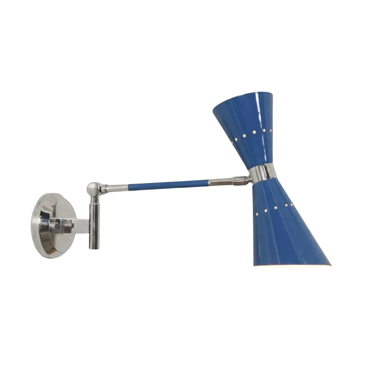 Side profile of Milan blue double cone wall sconce with extended adjustable arm and Mid-Century Modern design.
